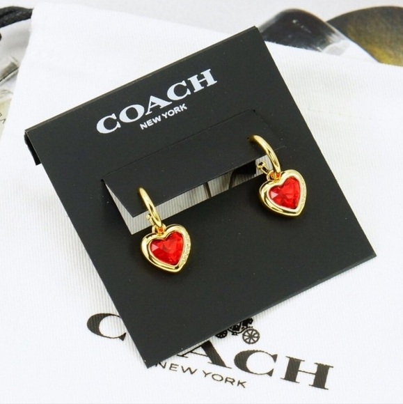 🔹️Coach🔹️Red Stone Heart Huggie Earrings Gold Plated ✨️❤️ - Picture 3 of 4
